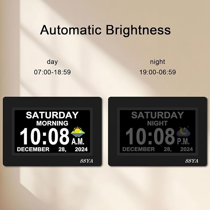 SSYA 7 Inch Calendar Clock - 12 Alarm Options, Level 5 Auto Dimmable Display,Extra Large Impaired Vision Digital Clock with Non-Abbreviated Day & Month (Black)