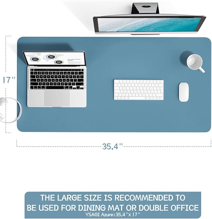 YSAGi Non-Slip Leather Desk Pad L Size, Waterproof Laptop Computer Desk Keyboard Mat, Table Protector Blotter Mat, Large Mouse Pad for Office/Work/Home/Decor(Blue, 35.4" x 17")