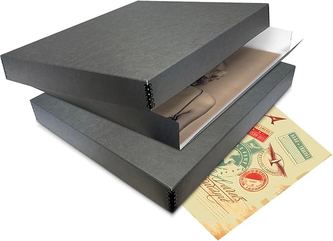 Lineco Museum Archival Storage Box, 20.75x24.75x3 in. Drop Front Design. Acid-Free with Metal Edge. Organize Photos, Pictures, Prints, Documents, Crafts, DIY. Gray, 2 Pack