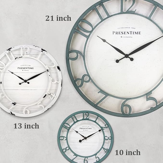 Presentime & Co 21" Farmhouse Series Wall Clock,Vintage Style, Retro Clock, Raised 3D Arabic Numeral, Aged Teal Finish. Wall Décor for Living Room and entryway.