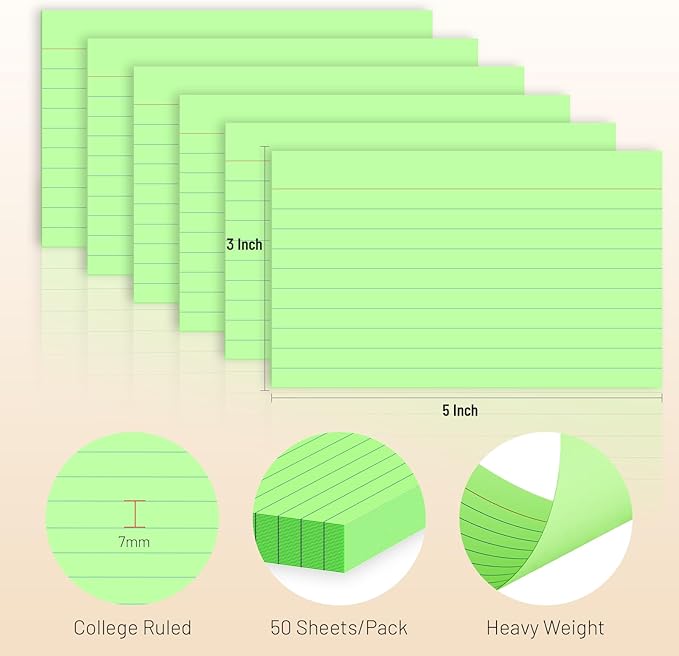 300 Count Index Cards 3 x 5 Inch Ruled Green Index Cards, Flash Cards College Ruled for School, College, Office and Home Organization, Durable Study To Do List Note Cards with Ruled Lines