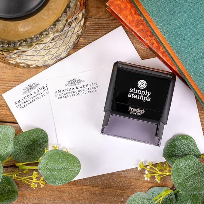 Custom Floral Address Stamp | Choose from 12 Designs | Multiple Ink Color Options | Envelope Return Address Stamp for Couple or Family (Design 5, Medium)
