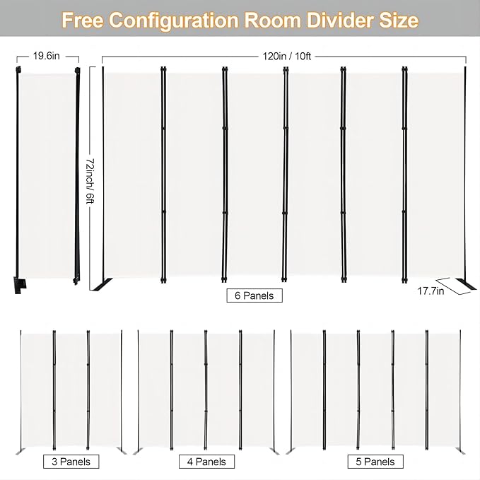 MAYOLIAH 6 Panel Folding Privacy Screen 9ft Wide, 6ft Tall Partition Room Divider Portable Office Walls Dividers Panel, White