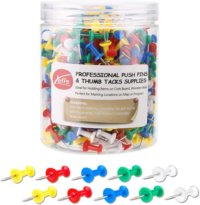 Yalis Push Pins 600 Count, Standard Multicolored Thumb Tacks Steel Point and Colors Plastic Head