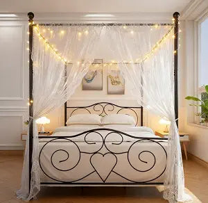 Queen Canopy Bed Frame, Metal Canopy Platform Bed, No Box Spring Needed, Black Vintage Style
