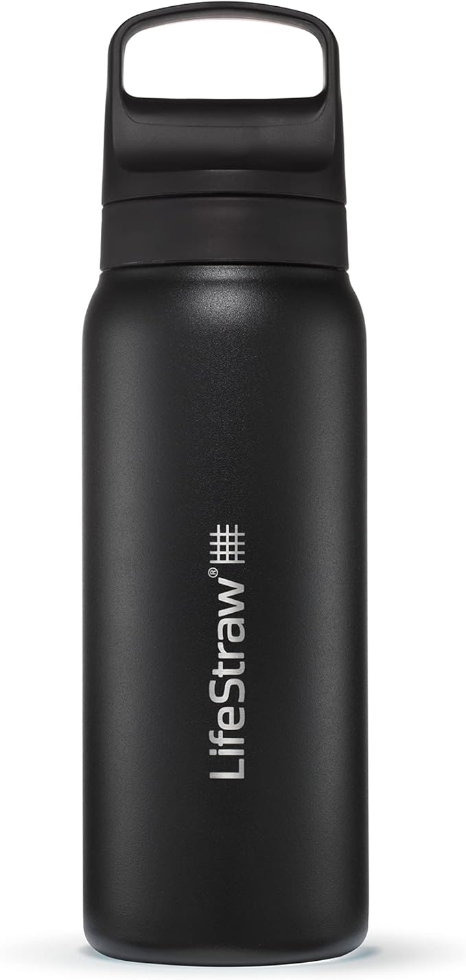 LifeStraw Go Series — Insulated Stainless Steel Water Filter Bottle for Travel and Everyday Use Removes Bacteria, Parasites and Microplastics, Improves Taste, 24oz Nordic Noir