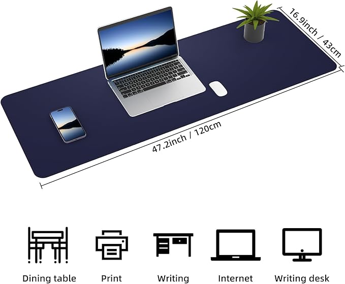 Leather Desk pad Protector, Large Desk mat with Natural Cork & PU Leather,Mouse pad,Non-Slip Office Desk Mat,Waterproof Desk Writing Pad for Office and Home (47in*17in, Blue)