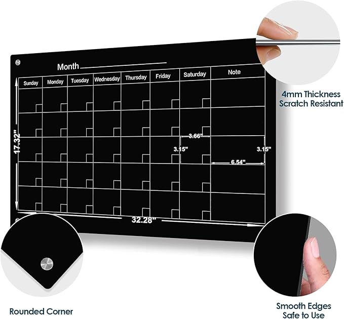 J&J worldwide Magnetic Whiteboard Calendar, 3' x 2' Blsck Glass Wall Calendar Dry Erase Board Monthly Planner for Home, School, Office, Frameless, with Markers, Marker Tray, Eraser, Magnets