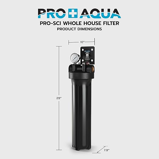 PRO+AQUA PRO-SCI Whole House Single Stage Carbon Infused Water Filter System with Pressure Gauge | Removes 99% of Chlorine, VOCs, Rust & Other Contaminants | Improves Tastes & Odor