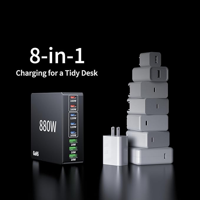 880W USB C Charger Block Charging Station 8 Port Fast Chager 140W PD PPS AVS HUB Laptop MacBook Charger Compatible with All iPhone 17 Pro Max/17 Air/16 SE/Samsung Galaxy 25/ MacBook Pro/Air/iPad Pro