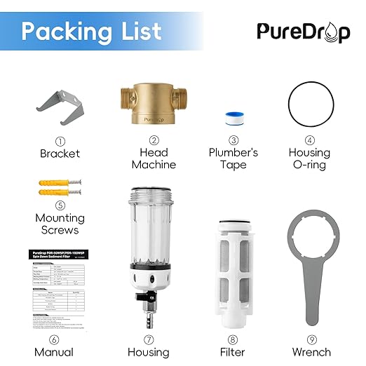 PureDrop PDR-50WSP Spin Down Sediment Filter, Reusable Whole House Sediment Water Filter for Well Water, 50-Micron Flushable Prefilter Filtration System with Scraper, 1" MNPT + 3/4" FNPT