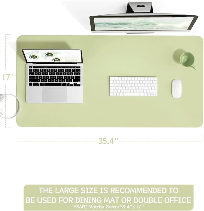 YSAGi Non-Slip Leather Desk Pad L Size, Waterproof Laptop Computer Desk Keyboard Mat, Table Protector Blotter Mat, Large Mouse Pad for Office/Work/Home/Decor(Matcha Green, 35.4" x 17")