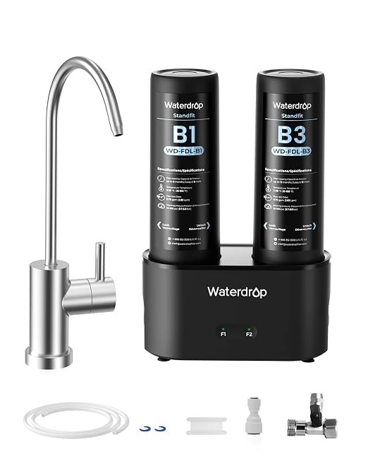 Waterdrop DLB Under Sink Water Filter System, with Faucet, Life Indicator | Reduces Chlorine, Chloramine, PFAS, Bad Taste, 2 Stage, Water Filter for Sink Faucet, Under Sink Water Filtration System