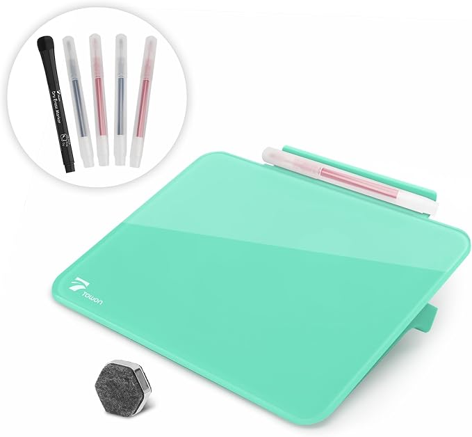 Mint Green Mini Desktop Pure Glass Whiteboard, Small Slope Slick Desk Whiteboard Glass, Desk White Board, Desktop White Board Dry Erase, Stenography Artifact for Office Homeschooling Décor, 8x6 inch
