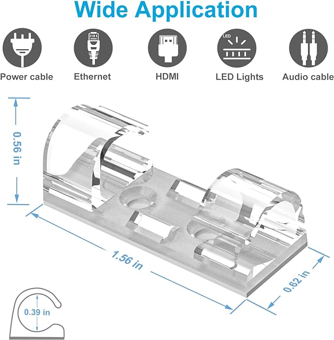 Cable Clips Clear (Large, 26PCS), Heavy Duty Extension Cord Clips Wall, Adhesive Wire Holders Clips Electric Wires Cord Organizer, Powre Cable, PC, Ethernet, TV-Coax, LED Light Clips