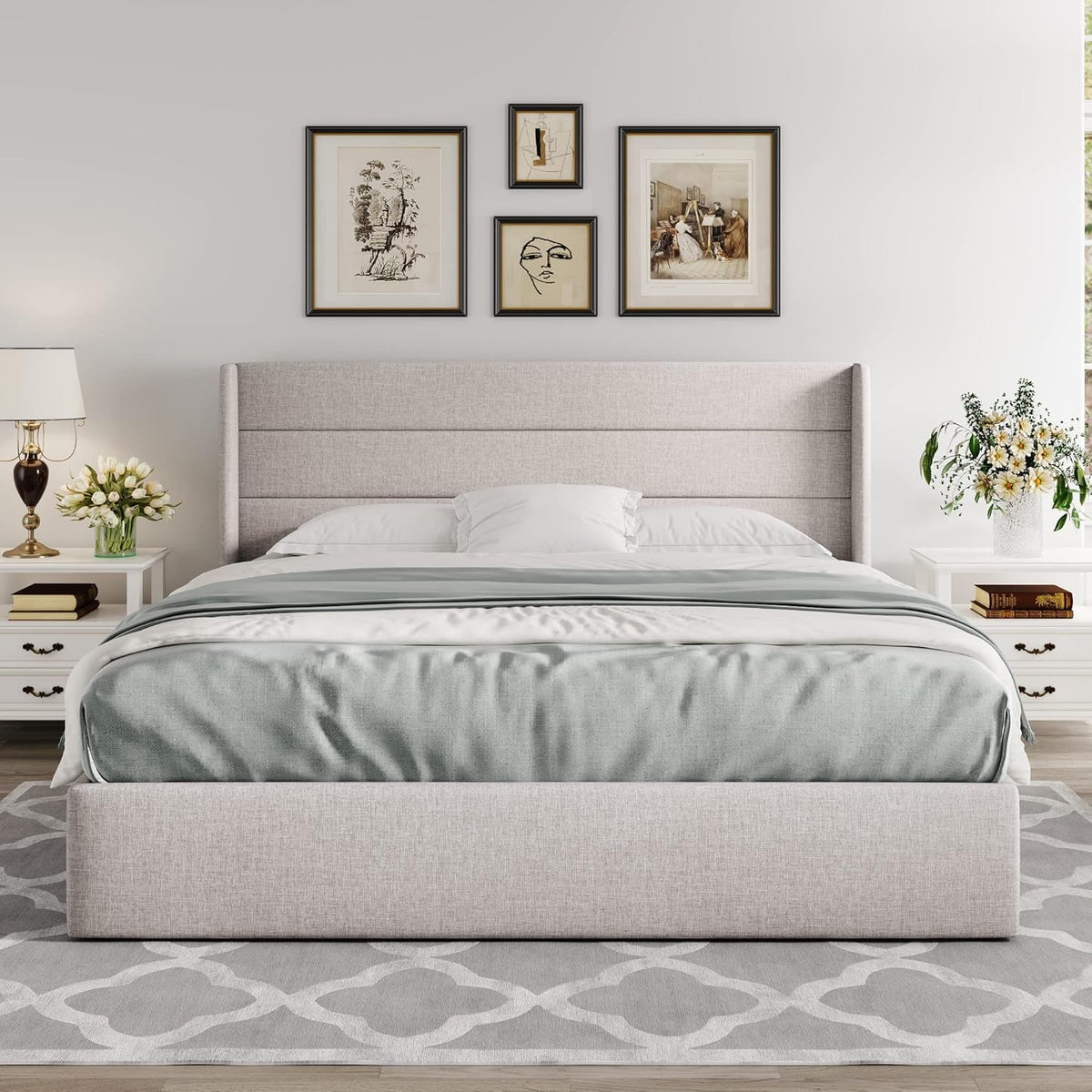 King Size Lift up Storage Bed, Modern Wingback Headboard, Hydraulic Support, No Box Spring Needed, Light Beige