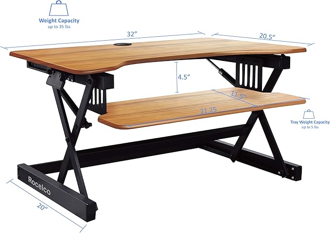 Rocelco 32" Height Adjustable Standing Desk Converter BUNDLE - Sit Stand Computer Workstation Riser with Anti Fatigue Mat - Dual Monitor Retractable Keyboard Tray - Teak Wood Grain (R EADRT-MAFM)