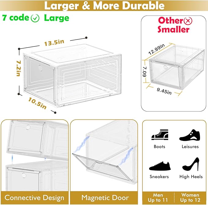 12 Pack Clear Shoe Storage Organizer with Magnetic Door,Stackable Plastic Shoe Boxes for Sneakers,Boots,and Heels,Space-Saving Foldable Shoe Rack for Closet,Durable Shoe Cabinet Organizer,White