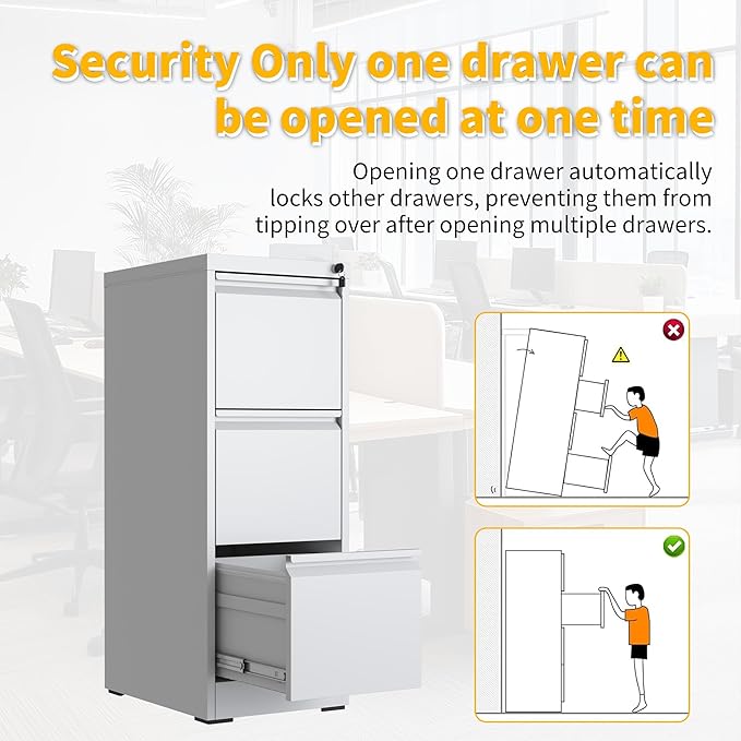 Reegangfa 3 Drawer File Cabinet with Lock, 18" D Metal Vertical Filing Cabinets, Steel File Storage Cabinets for Home Office, Hanging A4 Legal/Letter Size Narrow File Cabinet, Assembly Required