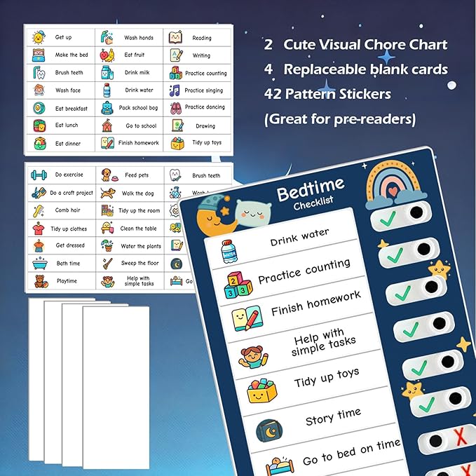 2PCS Magnetic Visual Chore Chart for Kids, Schedule Checklist for Kids, Kids to Do Task (1 Morning Checklist Boards, 1 Bedtime Checklist Boards) (Blue)