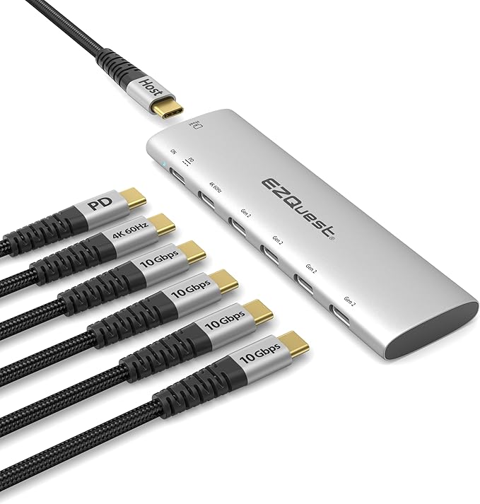 EZQuest USB-C Slim Gen 2 Hub Adapter 6-in-1 1 USB-C 4K/60Hz Video, 4 USB-C Gen 2 10Gbps, and 1 USB-C Power Delivery 3.0