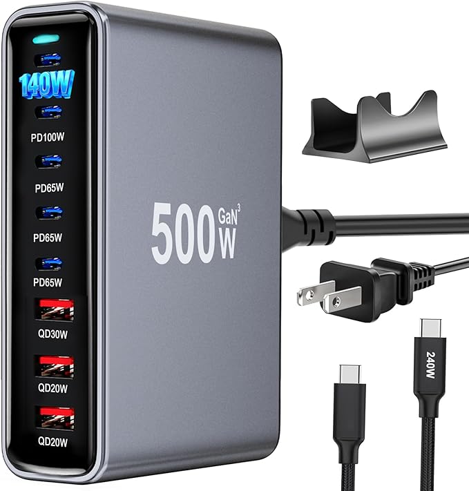 500W USB C Fast Charger Block, PD3.1 140W 8 Port USB Charging Station, GaN Ⅲ Pro PD PPS Fast Charging Station for Multiple Devices,Laptop Wall Charger Compatible with iPhone 17/iPad/MacBook etc