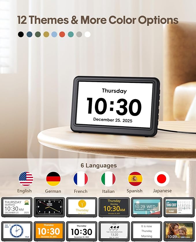 Clock with Day and Date for Elderly, 7" Large Display Digital Calendar Day Clock with 20 Custom Alarms and Medicine Reminders, 12 Display Modes, Dimmable Dementia Alzheimers Clocks for Seniors