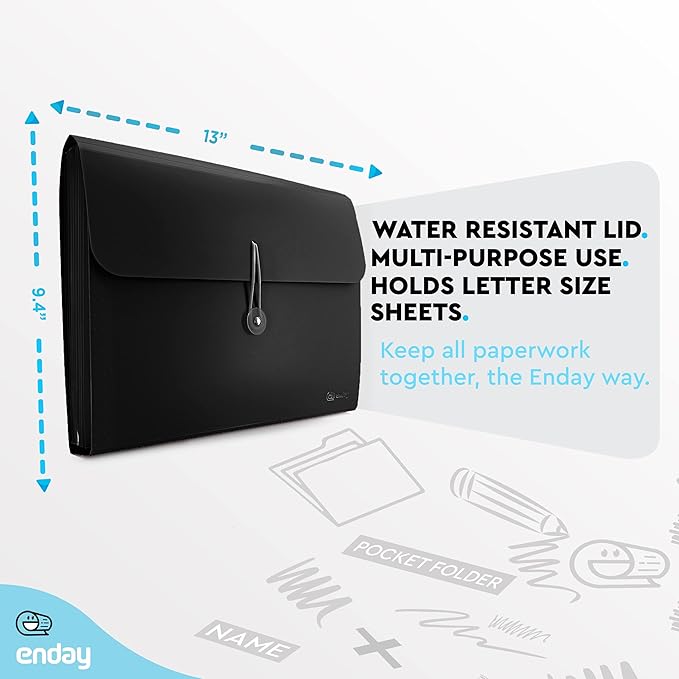 Accordion File Organizer Black, 13 Pocket Expanding File and Cover Folder with Labels, Plastic Portable Desktop Letter A4 Paper – by Enday