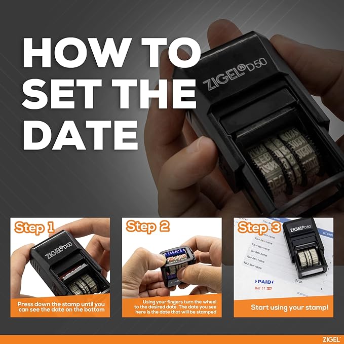 ZIGEL D50 Date Stamp with Your Custom Text - Self Inking Date Stamp - Red
