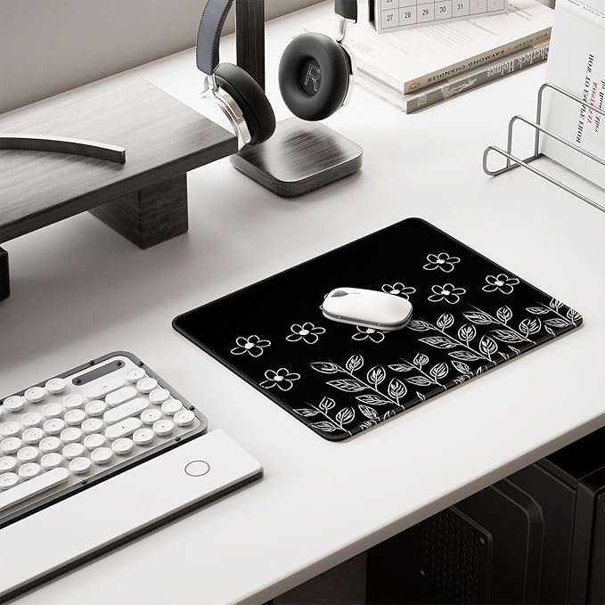 Auhoahsil Mouse Pad, 12 x 10 in Flower Theme Computer Mouse Pad for Desk, Premium-Textured Non-Slip Rubber Stitched Edges Waterproof Square Mouse Mat for Gaming Work Wireless Mice, Black