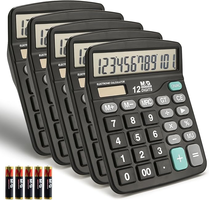 M&G Desk Calculator 12 Digit Office Calculators with Large LCD Display, Dual Solar Power and Battery, Recessed Big Button Calculator for Office Home (Black, Pack of 5)
