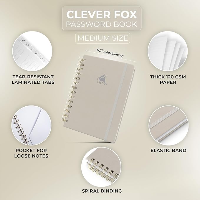Clever Fox Password Book Spiral – Internet Address & Password Organizer with Laminated Alphabetical Tabs – Password Keeper Journal – Hardcover, Medium Size, 6.1x7.7” (Foggy Alps)