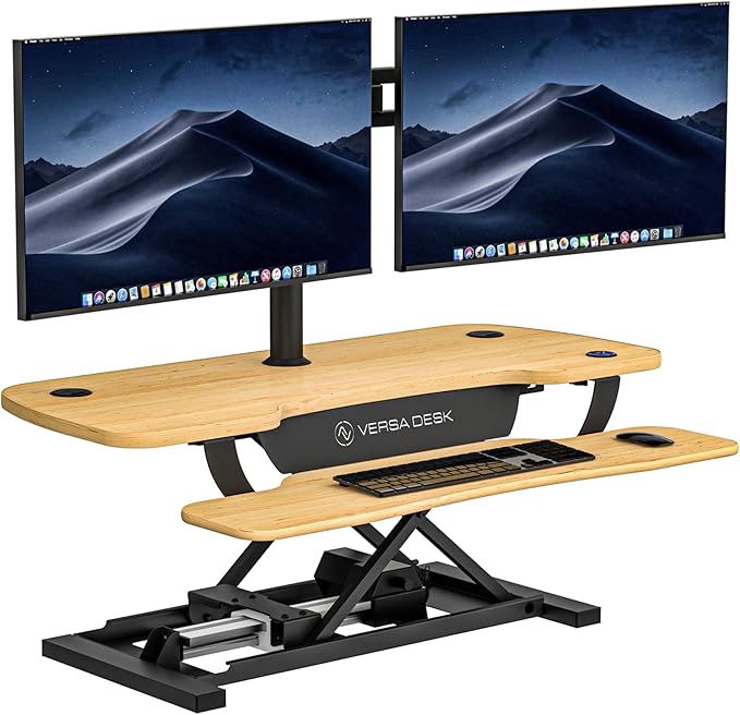 VRSADESK PowerPro™ Electric Standing Desk Converter - Height Adjustable Desk Riser with Keyboard Tray & USB Hub - Holds 80 lbs - Ergonomic Sit Stand Workstation for Home & Office | Maple (40” x 24”)