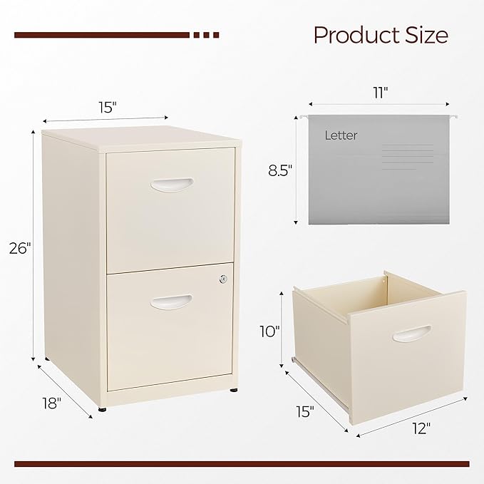 Kubohogar 2 Drawer File Cabinet with Lock,Cream Metal Filing Cabinets,Vertical Locking File Cabinet Fit Hanging Files, Letter,File Box and A4 Documents(Cream)