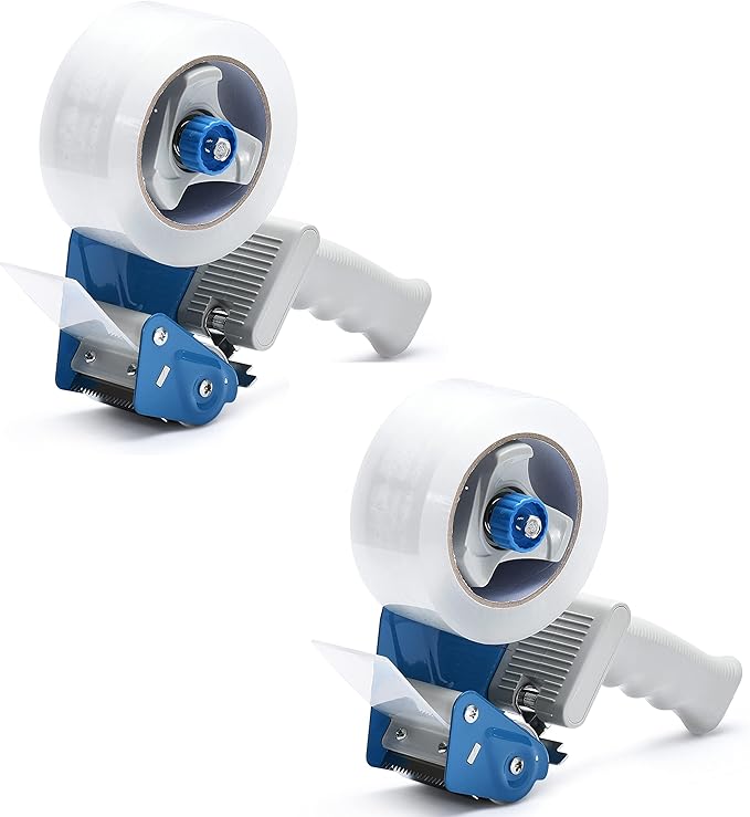Packing Tape Dispenser Gun (2 Packs) Pacific Mailer 2 Inch Tape Gun Dispenser with 2 Inch Carton Packing Tape, Lightweight Industrial Side Loading Tape Dispenser - Blue