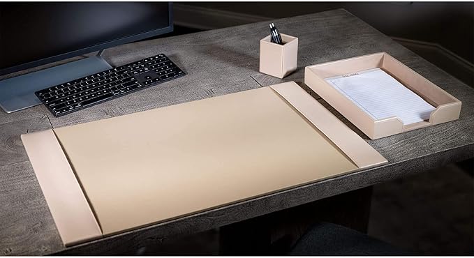 Dacasso Bonded Set Luxury Leather Desk Pad & Desk Organization Essentials, 3 Piece, White Latte