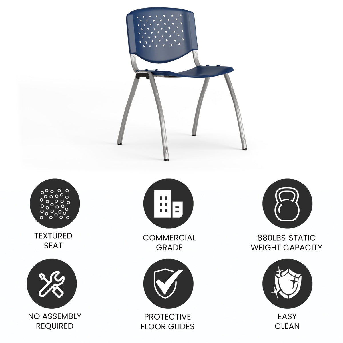 880 lb. Capacity Navy Plastic Stack Chair with Titanium Gray Powder Coated Frame