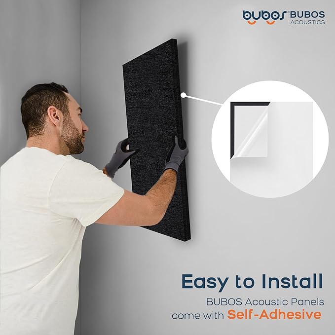 BUBOS 4 PCS Acoustic Panels,23.6''x11.8''Fabric Soundproof Wall Panels,Self-adhesive Sound Absorbing Panels for Studios, Office, Home Theater,Fabric-Clad Matte Black