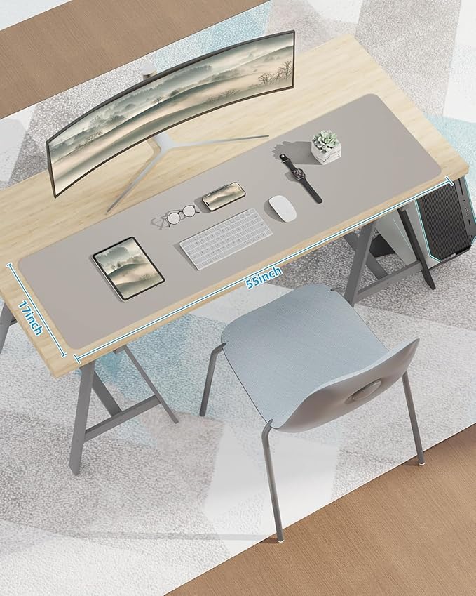 Extra Large Desk mat, Leather Desk Pad Protector,Office Desk Mat,Mouse Pad, Non-Slip Desk Blotter, Laptop Desk Pad, Waterproof Desk Writing Pad for Office&Home (Light Grye, 55" x 17")