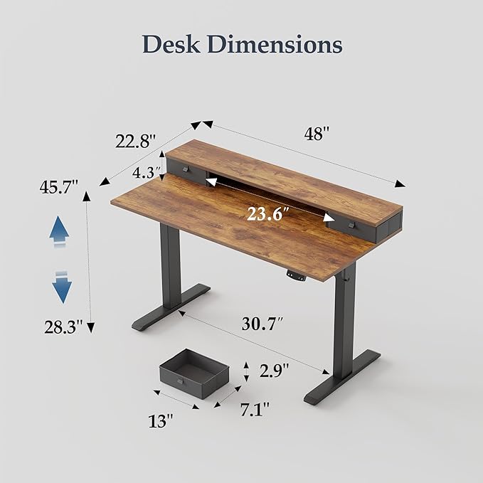 Klicelor 48 Inch Electric Standing Desk with Drawers, Adjustable Height Small Sit Stand Desk for Home Office, Compact Computer Workstation with Storage– Rustic Brown