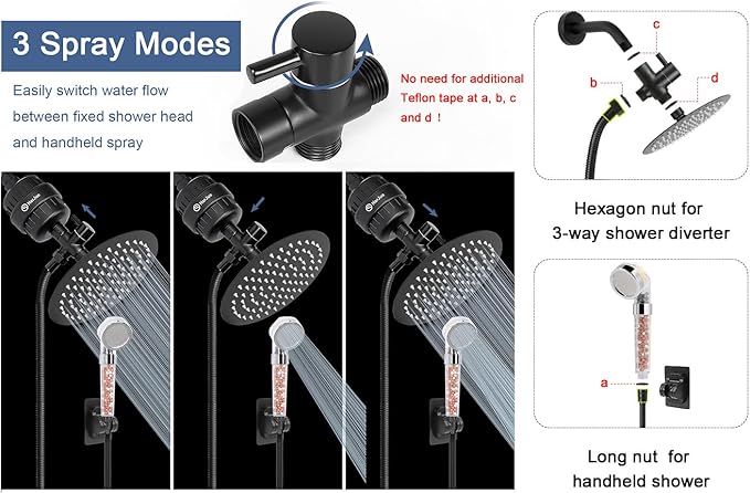 HarJue Filter Shower Head, High Pressure 8 Inch Rainfull with Filter Combo for Hard Water, Remove Chlorine Fluoride and Harmful Substances- 1 Replaceable Filter Cartridge (Round, Matte Black)