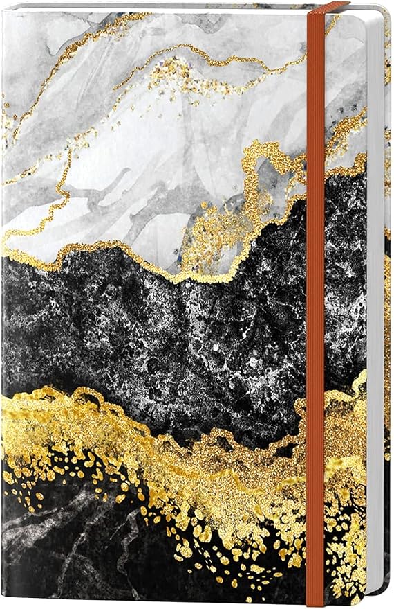 Lined Journal Notebook, Marble Hardcover, Medium 5.7 x 8.4 in, 160 Pages Thick Paper, Cute Aesthetic College Ruled Notebook for Journaling Writing Work Office School Men Women, Black White Gold