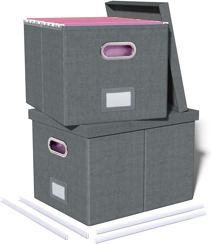 2 Pack File Storage Organizer, Filing Box, Portable File Box with Lid, Fit for Letter/Legal File Folder Storage, Document Organizer, Dark-gray