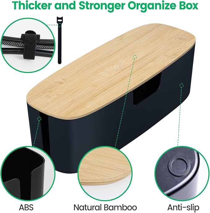 Large Cable Management Box - Cord Organize Box with Bamboo lid for Safe Home & Office, Cord Hider for Power Strip Under Desk, Cover TV Wires, Child & Pet Proof Cord Box, Black