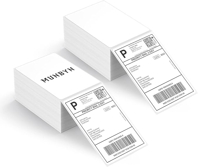 MUNBYN 4x6 Inch Direct Thermal Labels, 1000 Labels/2 Stacks(500 Pcs per Stack), Fanfold Shipping Label Paper for Thermal Printers, Permanent Adhesive Mailing Postage Labels for Shipping Packages