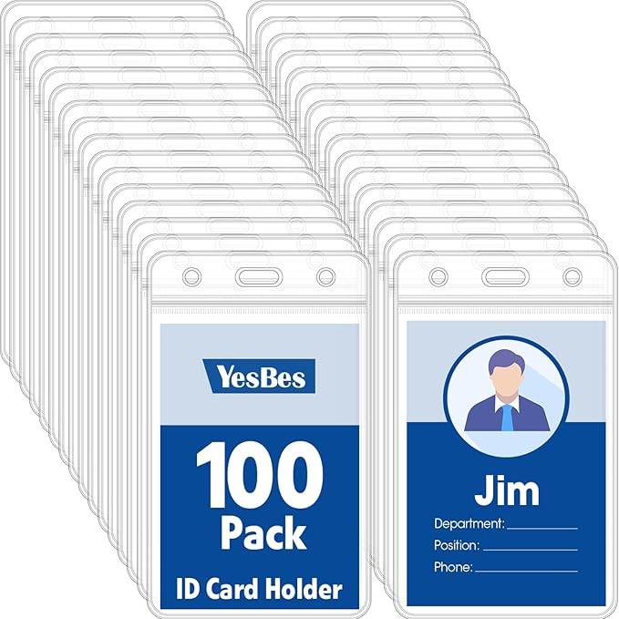 100 Pcs Vertical Badge Holders, Waterproof ID Badge Holder, Clear ID Card Holder with Resealable Zip for Proximity Cards, RFID, Credit Cards