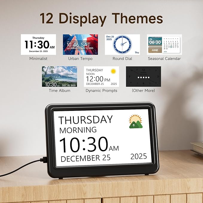 Raynic Date Clock, Digital Calendar Clock with 12 Themes, 20 Alarms, 20 Reminders, Semi-Automatic Dimming, 12/24 Hours, Auto DST for Desktop, Office, Students (Black, 7 Inches)