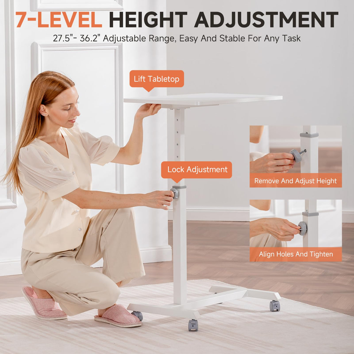 Small Standing Desk, 24 Inches Mobile Rolling Laptop PC Table with Lockable Casters, Adjustable Height Overbed Bedside Table Computer Workstation for Home Office, White-Fixed