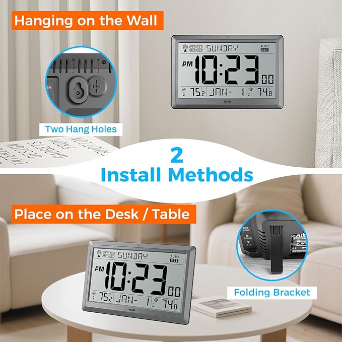 Wall Clock Atomic with Indoor Outdoor Temperature Battery Powered, Easy Reading with 10.5 Inch Large LCD Display, 330FT Range Table Wall Clock With DST, 12/24 Hour for Living Room Kitchen (Silver)