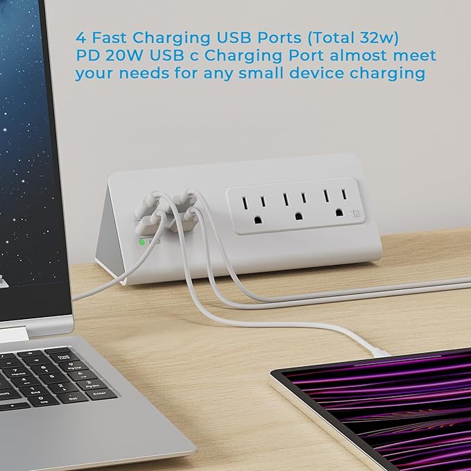 Nightstand Power Strip with USB C, Haiaoyyds Desk Edge Mount Power Hub with 3 Outlets, 4 Fast Charging USB Ports, and 6.56FT Flat Plug Extension Cord for Desk Home Office Accessories, White